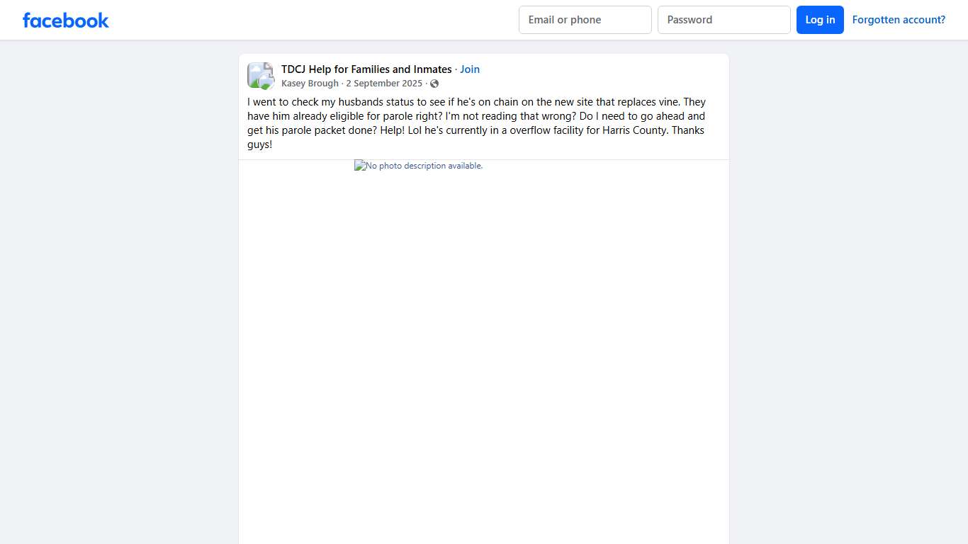 TDCJ Help for Families and Inmates I went to check my husbands status to see if he's on chain on the new site that replaces vine Facebook